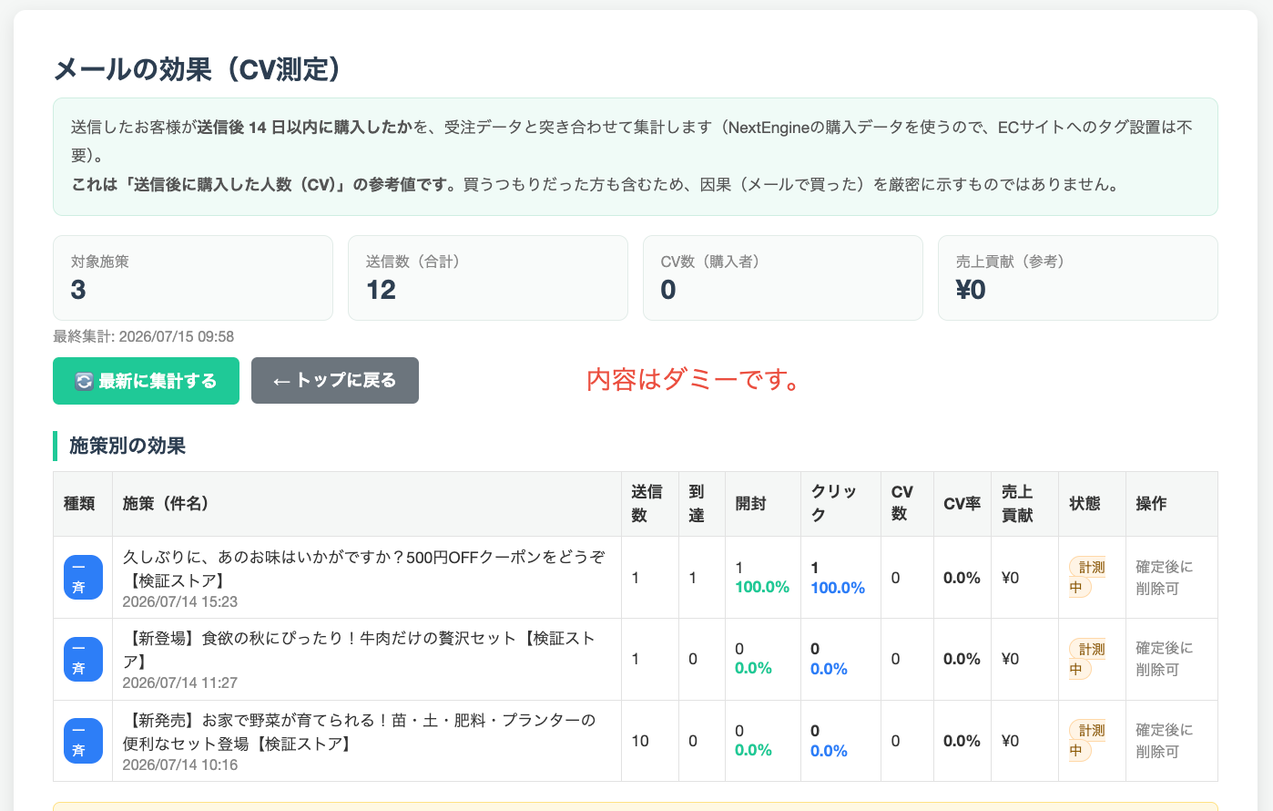 効果測定ページ（施策別テーブル）
